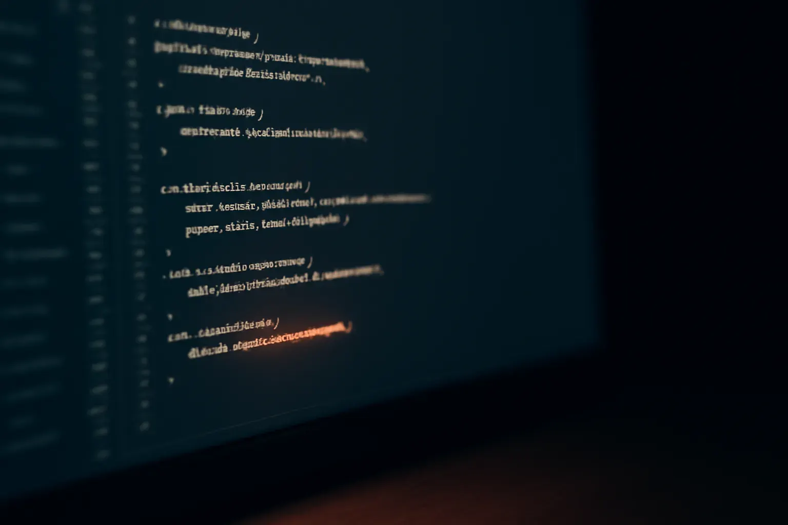 An abstract composition of structured code blocks and UI components on a dark canvas.