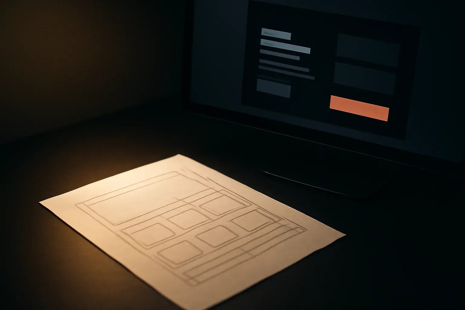 A website design progressing from wireframe to finished visual design, shown on a dark canvas.